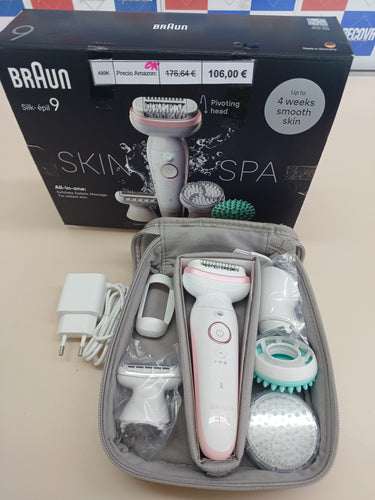 Braun Silk-épil 9 SkinSpa - Set todo en uno, depiladora para mujer, depiladora de larga duración, cabezal de afeitado, cabezal de masaje, color blanco y rosa